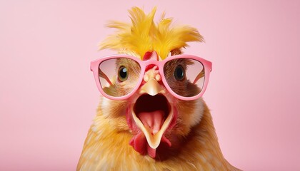 Transparent Pink Sunglasses Sitting on a Screaming Yellow Chicken Vibrant and Surreal Scene...