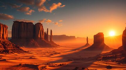 vast desert with towering sandstone formations shaped by centuries of wind erosion