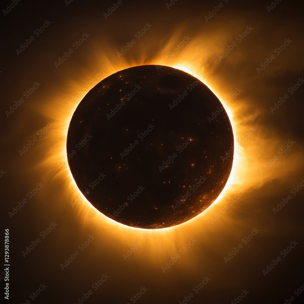 Poster ethereal solar eclipse with radiant corona against dark sky creating a celestial spectacle and golde