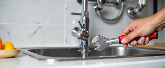 Hand tightening pipe joint with wrench in modern kitchen, plumbing repair
