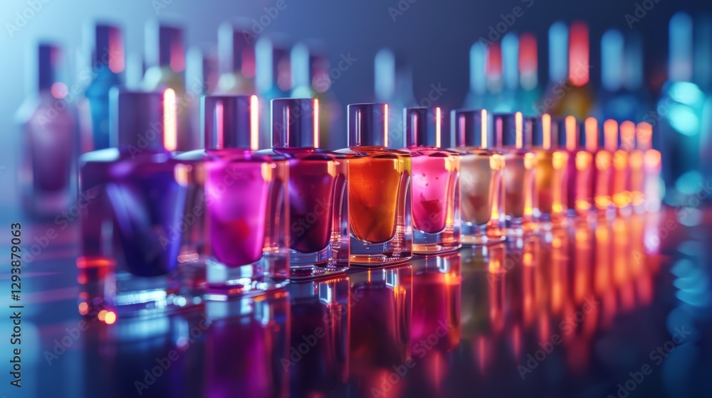 Poster A series of nail polish bottles arranged in a straight line, featuring an array of colors from vibrant pinks to deep purples, illuminated by soft lighting that creates a colorful ambiance