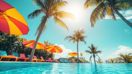 Naklejka premium A vibrant pool scene with colorful umbrellas and palm trees under a sunny blue sky