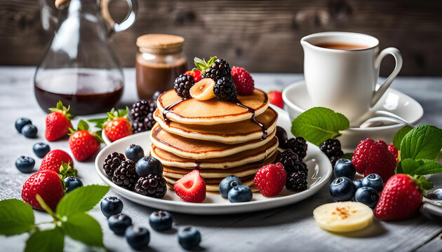 Delicious Pancakes with Berries and Chocolate Syrup