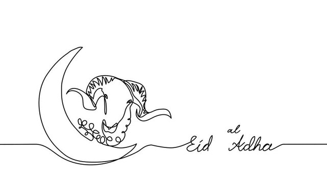 Eid al Adha single line animated illustration of islamic sheep and moon. One continuous self drawing line animation, footage of sheep, goat, ram and crescent