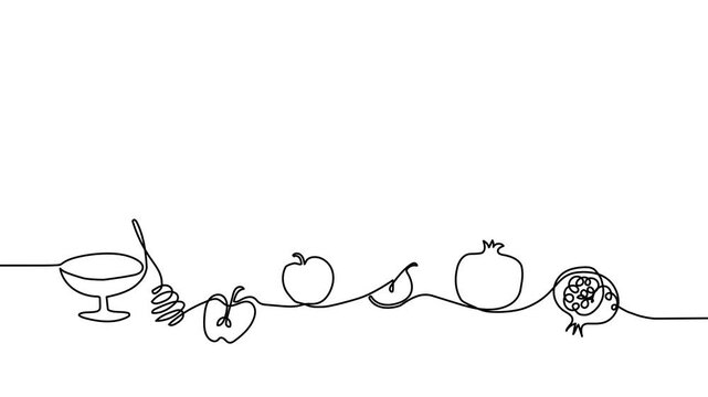 Rosh Hashanah honey, apple, pomegranate single line animated illustration border. One continuous self drawing line animation, footage for Shana Tova celebration