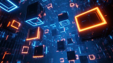 Fototapeta premium Futuristic glowing cubes in a digital space, possible use tech background