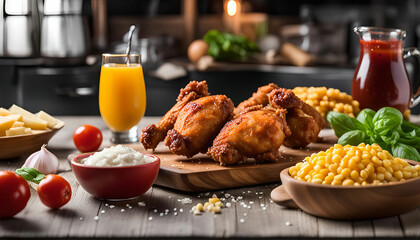 Fried Chicken Dinner with Corn and Sauce