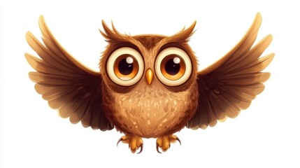 Naklejka premium Majestic brown owl mid-flight; wings spread wide. Head turns leftward, eyes piercing through twilight haze, embodying silent grace and mystery in a serene forest backdrop