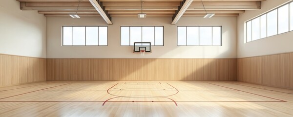 Bright multipurpose school sport hall with basketball hoop. Sport court with wooden floor and lines. Interior of school gym with windows. Place for sport events, game, training activity.