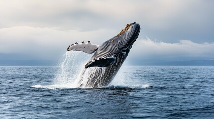 Fototapeta premium Majestic Humpback Whale Breaching Gracefully in Ocean Waters