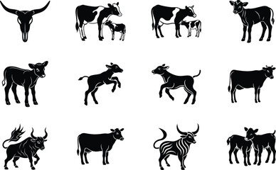 Cattle silhouettes cows, bulls, calves, and longhorns illustrated