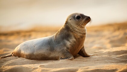 Seal Lounging on Sand at Sunset, Tranquil Coastal Scene with Rich Textures and Amber Tones, Perfect for Digital Art or Home Decor Inspiration.