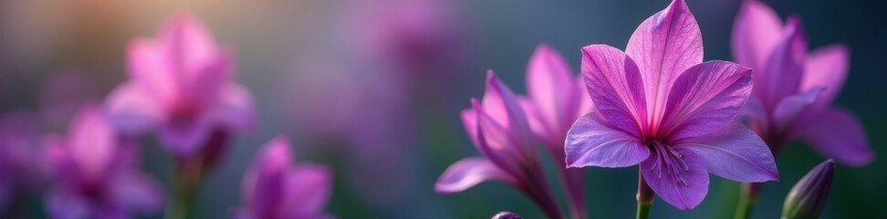 Vibrant purple freesias against blurred backdrop, delicate petals, soft, botanical, high resolution