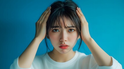 A young woman with her hands on her head, feeling fatigued and worried, against an isolated blue background