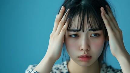 Fototapeta premium A young woman with her hands on her head, feeling fatigued and worried, against an isolated blue background