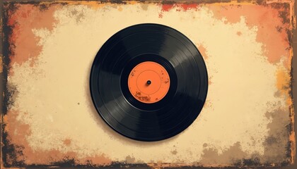 Obraz premium Illustration of worn vinyl record with overlay effect. Vintage aged texture, old paper cover. Retro music grunge design, circle frame template. Realistic detailed album design, retro record coverage