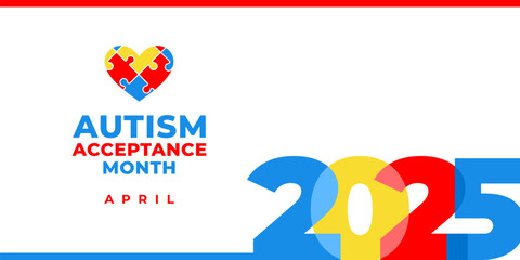 National autism awareness month 2025. Vector banner, poster, flyer, greeting card for social media with the text National autism awareness month April. Illustration with Puzzles on white background.