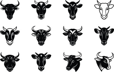 Cattle Heads Black and White Cow and Bull Illustrations
