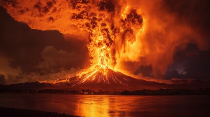 Fototapeta premium Dramatic Eruption of Volcanic Mountain during Night with Lava Flow