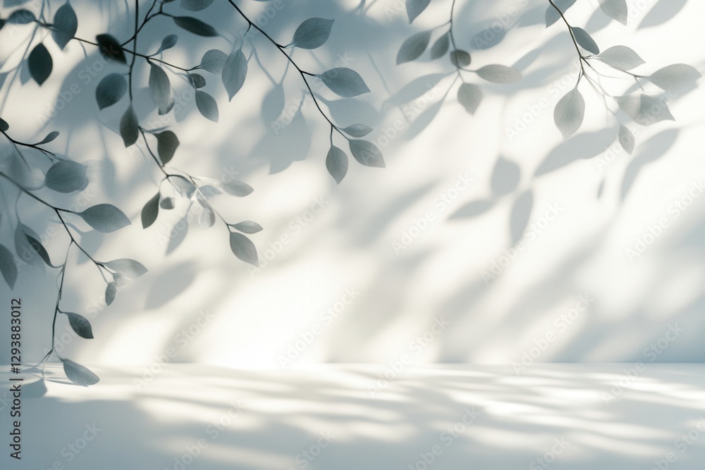 Poster serene studio backdrop with ethereal leaf shadows casting a tranquil ambiance on a minimalist white 