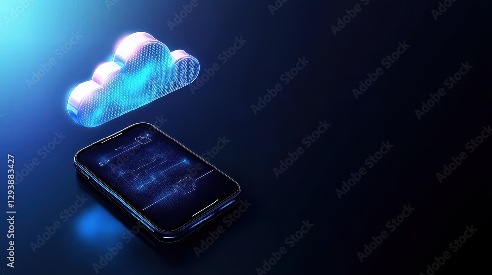 Poster a smartphone displays a digital cloud interface, symbolizing cloud storage and technology in a futur