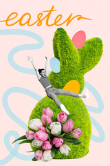 3D collage trend artwork sketch poster of green grass bunny young lady sit happy smile festive day...