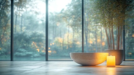 Tranquil spa room with misty forest view