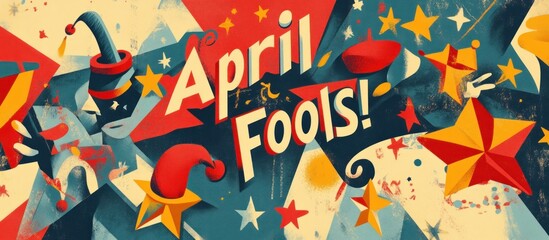 A Retro April Fools Poster Design Featuring Jester Hats and Stars in a Vintage Style