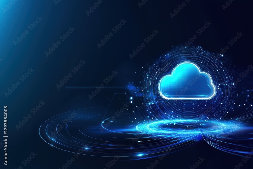 Poster a glowing blue cloud icon surrounded by digital particles, symbolizing cloud computing and data stor