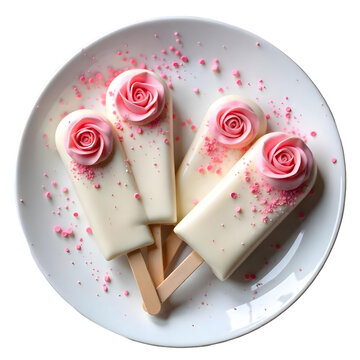 Cakesicles with white chocolate coating and pink rose decorations, arranged on a bed of green leaves , creating a visually appealing dessert display, (4)