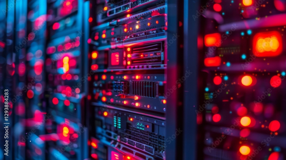 Poster A vibrant data center features illuminated server racks, displaying a mix of red and blue lights against a dark backdrop, illustrating advanced technology and networking systems at work.