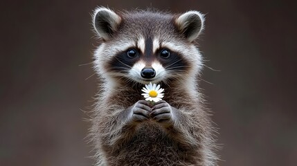 Adorable raccoon holding a delicate flower in a serene natural setting