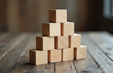Pyramid of blank wooden blocks on table represents growth potential building blocks of success foundation stability. Development progress construction structure level hierarchy achievement goal