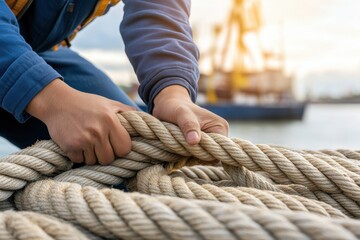 Close up of hands holding thick rope, blurred ship in background during sunset.