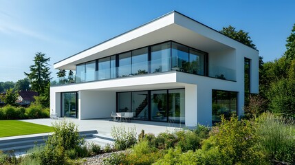 A white modern house with a garden and blue sky background