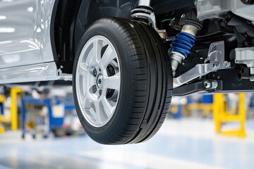 Car wheel, tire and suspension system in a factory, assembly line, ready for installation.