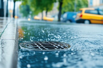 Rainwater flows into a storm drain on a city street, blurred cars and trees in the background.