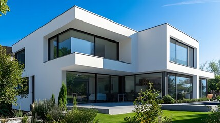 A white modern house with a garden and blue sky background