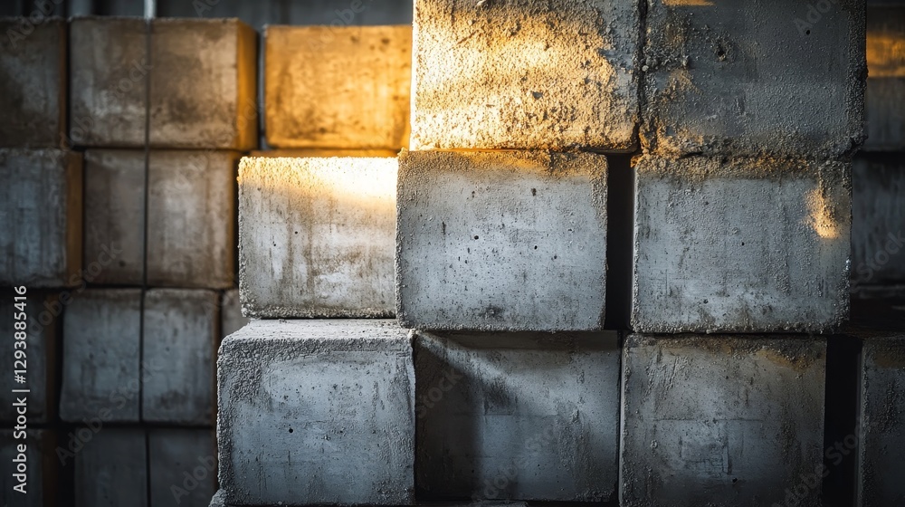 Poster stacked concrete blocks illuminated by warm sunlight.