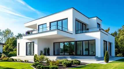 A white modern house with a garden and blue sky background
