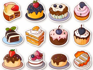 several stickers in 1 piece, knolling of minimalism style CUTE Cut Cakes, simplified method, no human, pocket stiker, vector image, icon design,