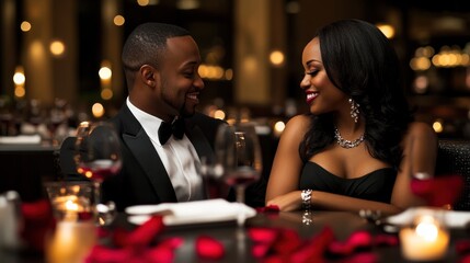 A couple enjoys a romantic candlelit dinner with rose petals and wine glasses on the table