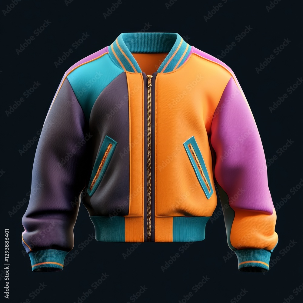 Poster vibrant 3d varsity jacket icon with isolated design on black background