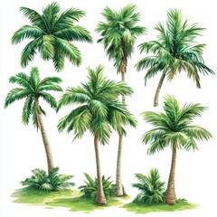 Obraz premium Lush tropical palm trees illustration on white background evoking relaxation and vacation vibes for design projects and summer themes