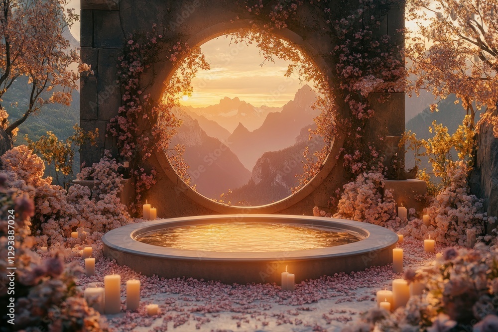Poster circular stage with an arched window in the center, featuring candles and flowers on both sides of i
