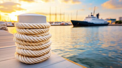 Fototapeta premium Rope wrapped around a mooring bollard, sunset at a harbor with sailboats, yachts and boat, golden hour at a marina dock.