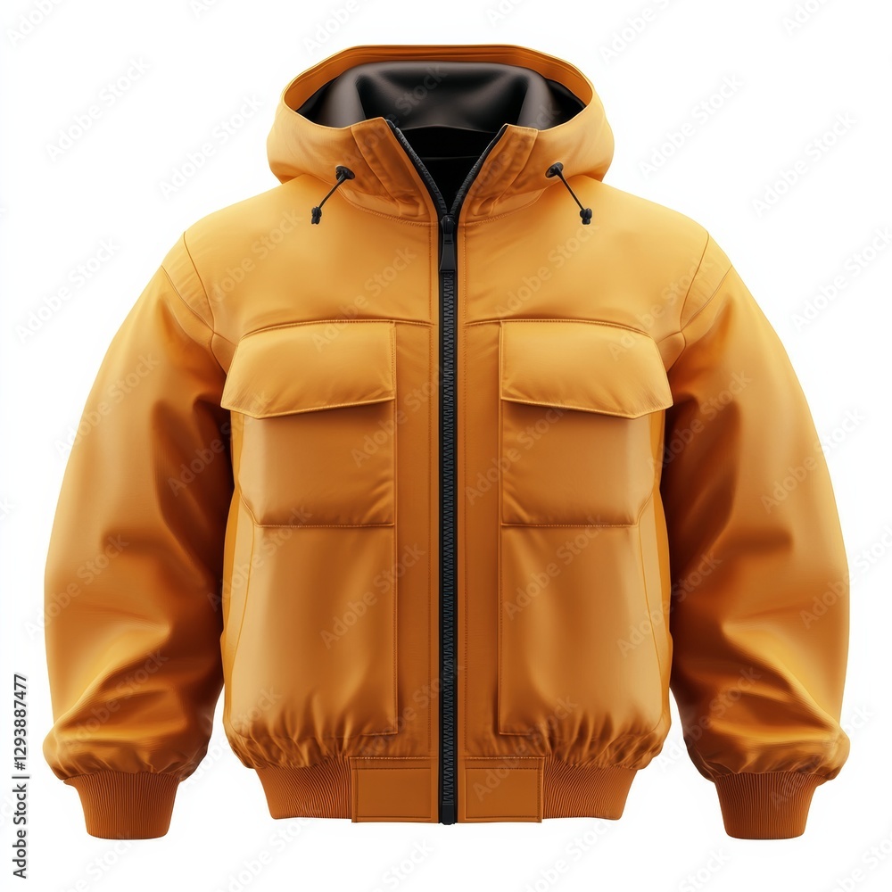 Poster 3d rendering of waterproof jacket with iconic design isolated view
