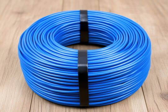 Coil of bright blue electrical cable on wooden planks, secured with black tie wrap. - Powered by Adobe
