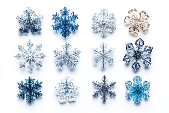 Captivating Array of Crystal Snowflakes on Pristine White Background a Symphony of Winter Elegance and Delicate Beauty for Seasonal Designs