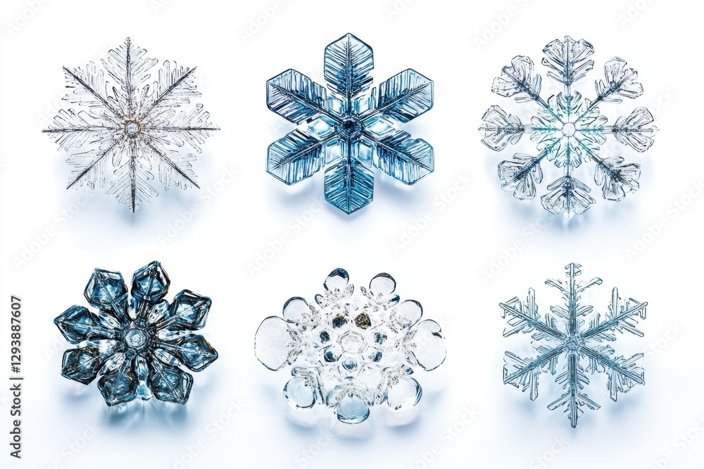 Poster captivating array of six unique ice crystal snowflakes on a white surface showcasing winter's delica